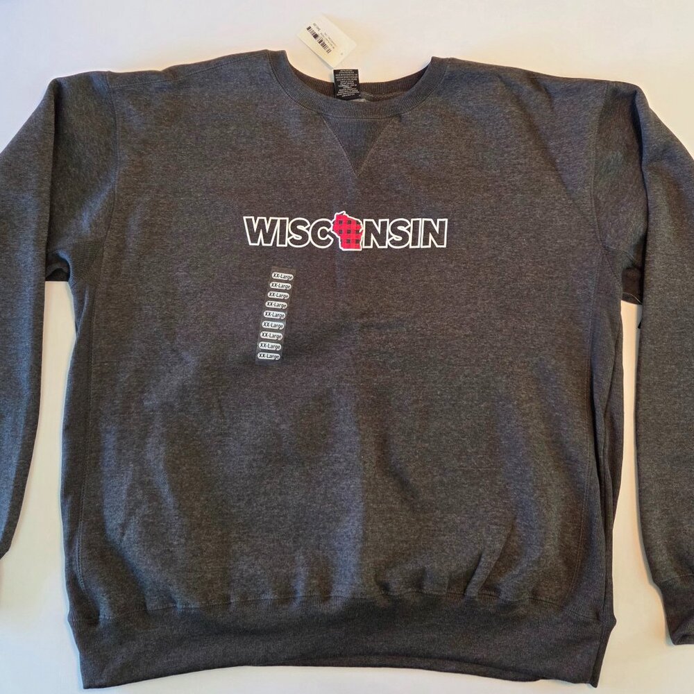 NWT - Signature Concepts Wisconsin Plaid Crew Sweatshirt, 2XL, Charcoal Gray